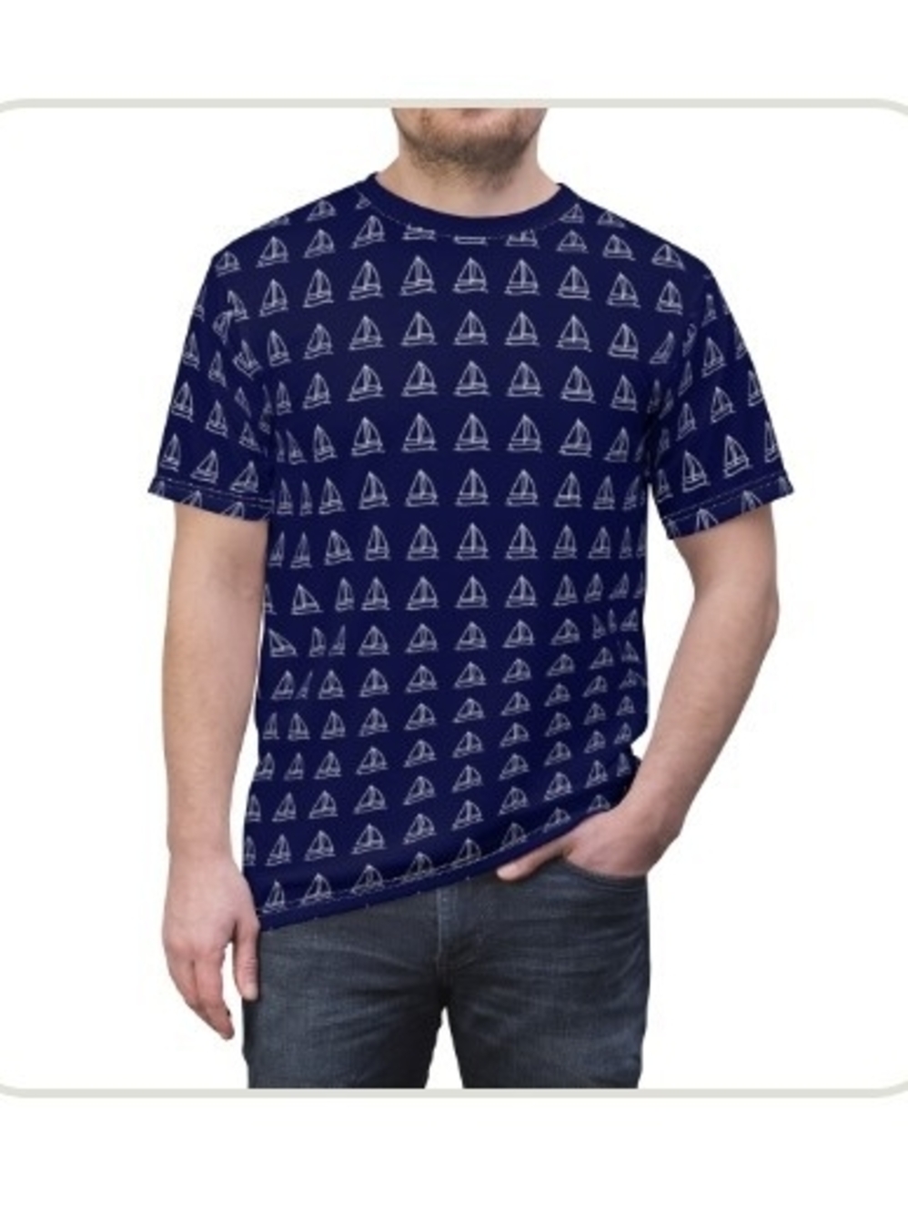 Come Sail Away Men's Navy Sailboat Pattern Crew Tee
